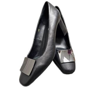 VANELI Leather Black Block Heels Retro Silver Detail Size 7.5  Vintage Mod 60's